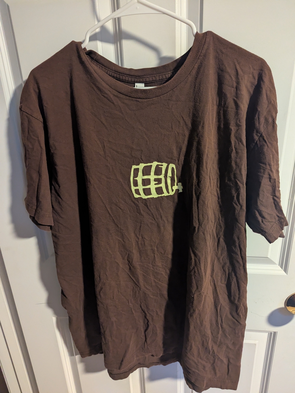 Brown Graphic Crewneck T-Shirt with Light Green Barrel Motif